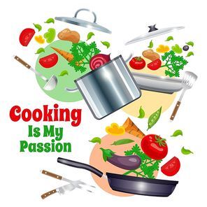 Composition with kitchenware including pans, culinary tools and vegetables on white background with colored circles vector illustration