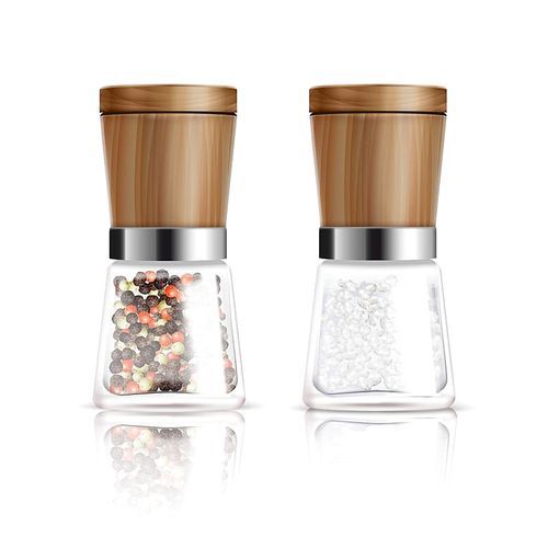 Two isolated realistic salt and pepper mill composition with glass container and wooden cover vector illustration