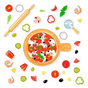 Top view pizza set composition in cartoon style with pizza on carving board and filler slices vector illustration
