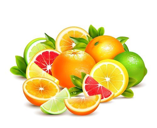 Citrus fruit whole halves and quarters colorful composition with lime lemon grapefruit and oranges realistic vector illustration