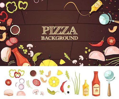 Pizza cartoon style concept with ingredients on brown background and set of vegetables isolated vector illustration