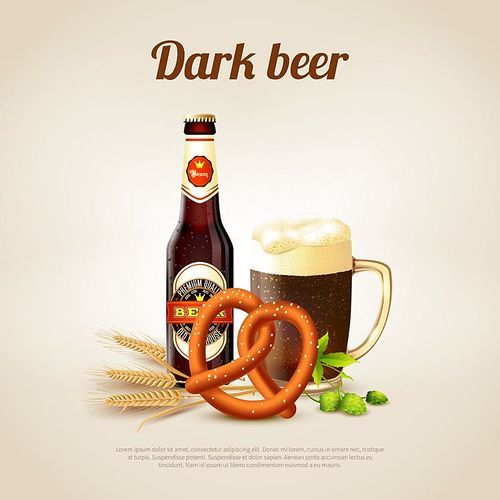 Realistic background with bottle and mug full of dark beer vector illustration