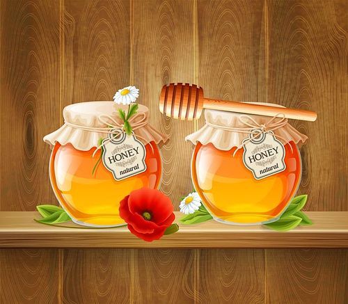 Colored and bright two jar of honey composition with glass jars on wooden shelf vector illustration