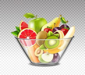 Realistic fruits including apple kiwi banana strawberry plum in glass bowl on transparent background isolated vector illustration
