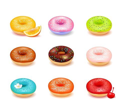 Sweet colorful donuts with various toppings and fresh fruit assortment set isolated on white  realistic vector illustration