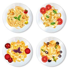 Delicious pasta dishes with sauce pepperoni tomatoes olives and herbs realistic set isolated on white background vector illustration