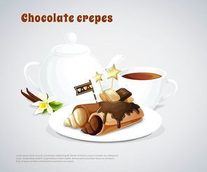 composition with chocolate crepes stuffing cream on dish and teapot with cup on grey background vector illustration