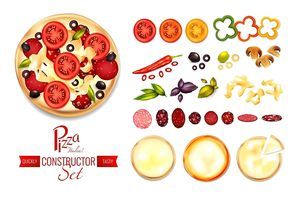 Pizza constructor set with flat isolated images of spices tomato salami and crust slices with text vector illustration