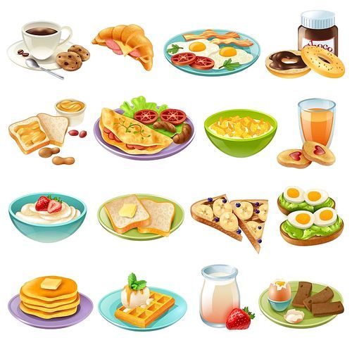 Breakfast brunch healthy start day options food realistic icons collection with coffee and fried eggs isolated vector illustration