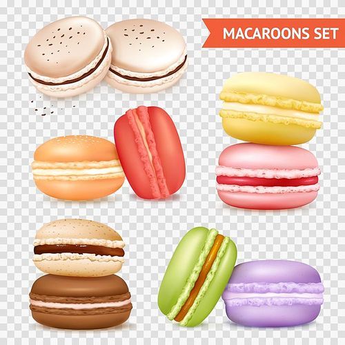 Isolated macaroons images set on transparent background with groups of two almond cakes of different colour vector illustration