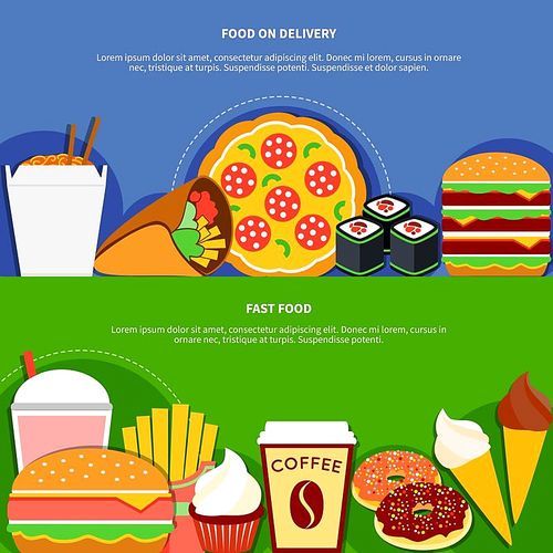 Fast food delivery service 2 flat banners advertisement poster with ice cream sushi cheeseburger 2 isolated vector illustration
