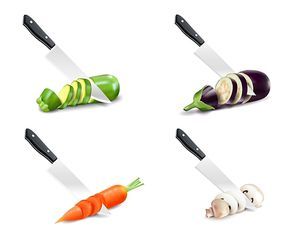 Set of compositions from kitchen knife and vegetable including carrot zucchini eggplant 3d design isolated vector illustration