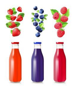 Berry juice realistic set with bottles and berries isolated vector illustration