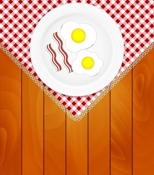 White Plate with Fried Eggs on Kitchen Napkin at Wooden Boards Background Vector Illustration EPS10