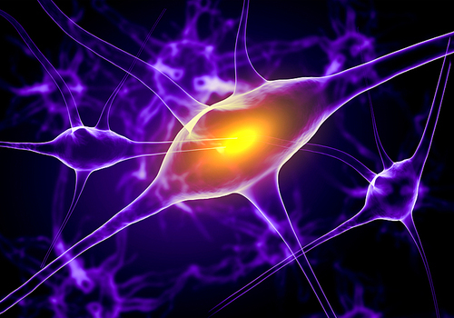 Illustration of a nerve cell on a colored background with light effects