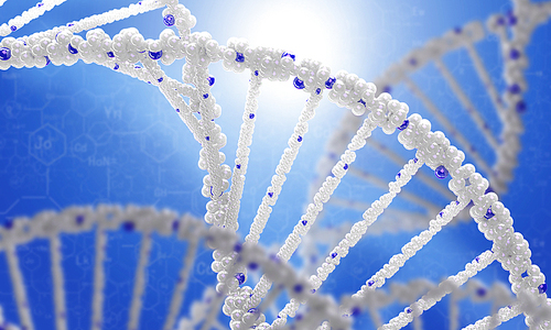 Biochemistry science concept with DNA molecule on blue background