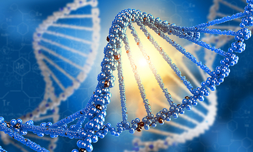 Concept of biochemistry with dna molecule on blue background