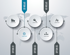 Timeline infographic template with world map and 5 step options design for  marketing, presentation, workflow layout, diagram, annual report, web design.