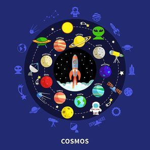 Cosmos concept with stars planets and exploration symbols flat vector illustration