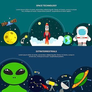 Space technology horizontal banners set with extraterrestrial symbols flat isolated vector illustration