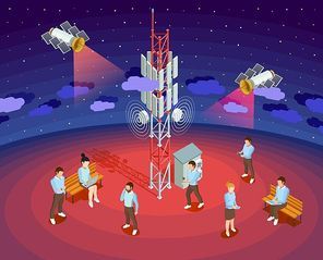Public wireless technology isometric poster with satellite internet providers and smartphone users night sky background vector illustration