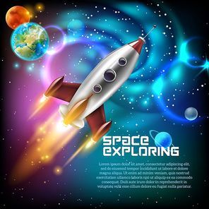 Space exploration with retro rocket planets and stars on dark background with rays and flares vector illustration