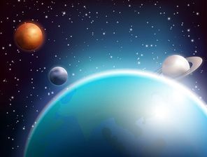 Colored realistic space background with planets in the infinite space of the cosmos vector illustration