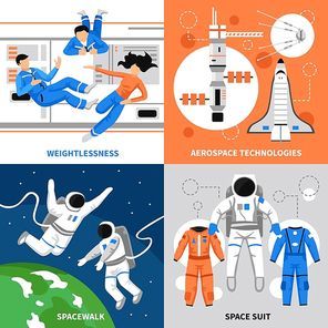 Astronauts in space and aerospace technologies 2x2 design concept on colorful backgrounds flat isolated vector illustration