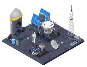 Space isometric concept with solar energy and rocket symbols vector illustration