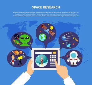 Space research concept with UFO and satellites symbols flat vector illustration
