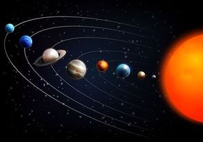 Realistic space background with all planets of the solar system on black fond vector illustration