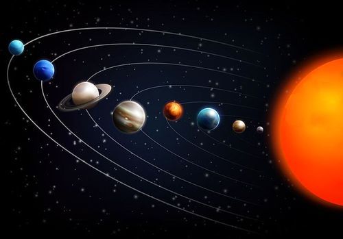 Realistic space background with all planets of the solar system on black fond vector illustration