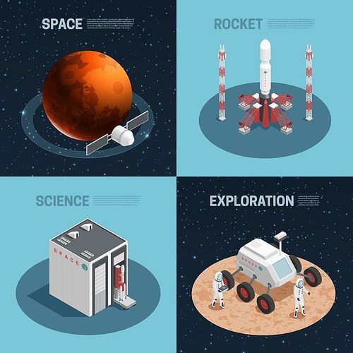 Four rocket space isometric icon set with science exploration space and rocket headlines vector illustration