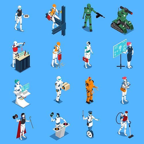 Robot professions isometric colored icons set with cleaner worker doctor police housemaid figurines on blue background isolated vector illustration