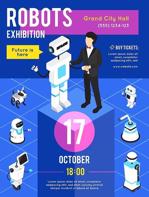 Robots exhibition isometric advertising poster with man and artificial intelligence on pedestal on blue background vector illustration