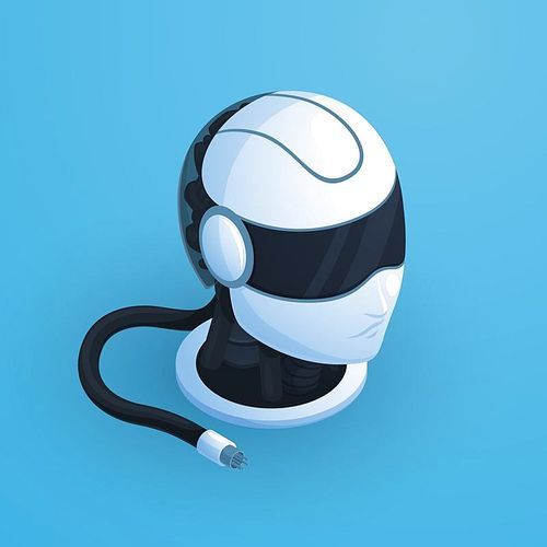 Robot head composition with hi tech style black and white helmet with headphones and unplugged wire vector illustration