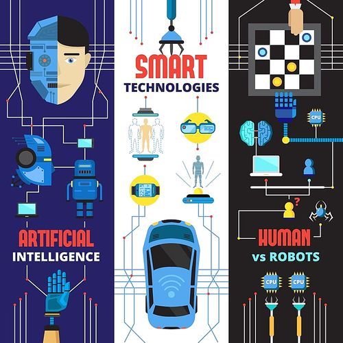 Artificial intelligence vertical banners collection with flat doodle images of cyborg robots and futuristic technologies elements vector illustration