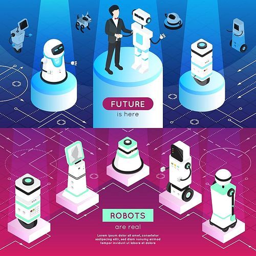 Robots horizontal isometric banners with man, high tech machines on pedestals in light rays isolated vector illustration