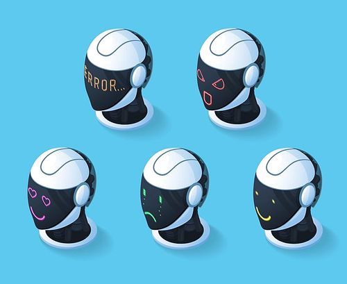 Robot emotions set of five isolated isometric droid head images with screen and various facial expressions vector illustration