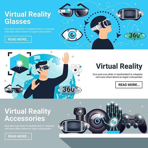 Three horizontal virtual reality banner set with glasses accessories descriptions and read more buttons vector illustration