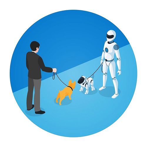 Round  composition of dog owner meeting white domestic robot walking with robot dog isometric vector illustration