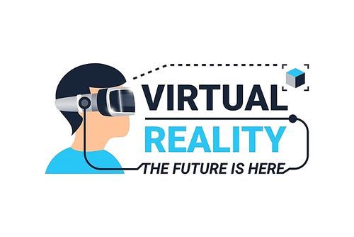Colored virtual reality logotype with face of guy in glasses and the future is here headline vector illustration