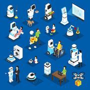 Robots isometric set with machine for business, housework, medicine, patient care on blue background isolated vector illustration