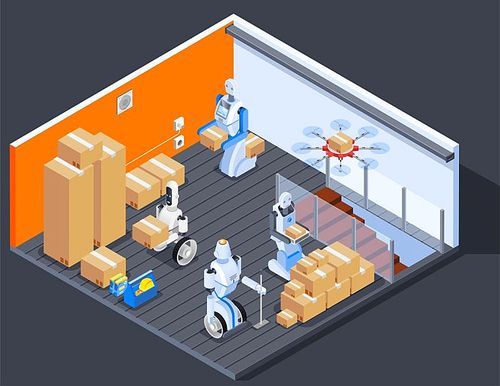 robot isometric professions composition of warehouse interior and robotic  workers carrying pasteboard boxes with drone vector illustration