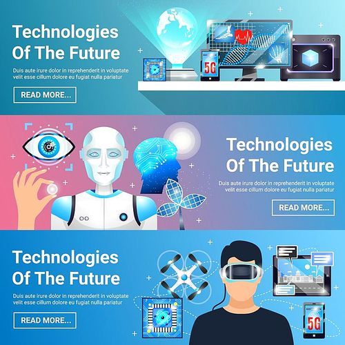 Set of horizontal banners with future technologies including virtual reality headset, robot, digital medicine isolated vector illustration
