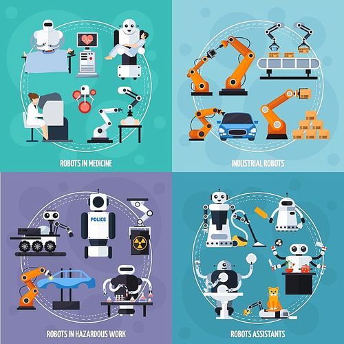 Robots concept icons set with industrial robots symbols flat isolated vector illustration