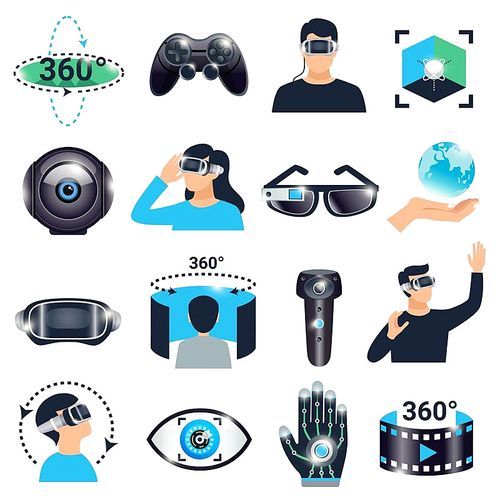 Colored isolated virtual reality visualization simulation icon set glasses with a viewing angle of three hundred and sixty degrees vector illustration