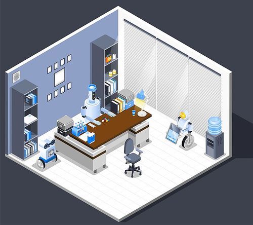 Robot isometric professions composition with office room interior leverage files and robotic worker sitting at table vector illustration