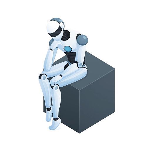 isometric composition on white  with robot sitting and thinking on black cube 3d vector illustration