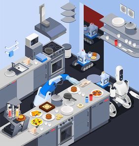 Robot isometric professions composition with robotic manipulator cook and waiters serving food in restaurant kitchen interior vector illustration
